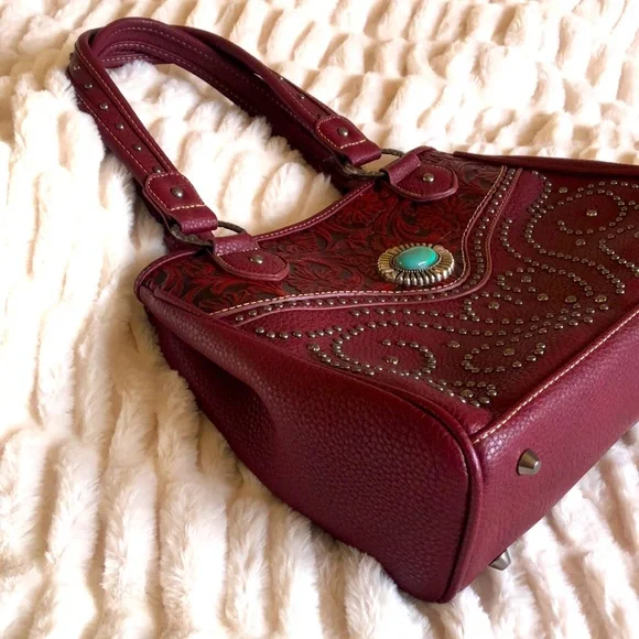 NWT Trinity Ranch Wedtern Tooled Studded Turquoise Shoulder Bag Merlot - Picture 4 of 16